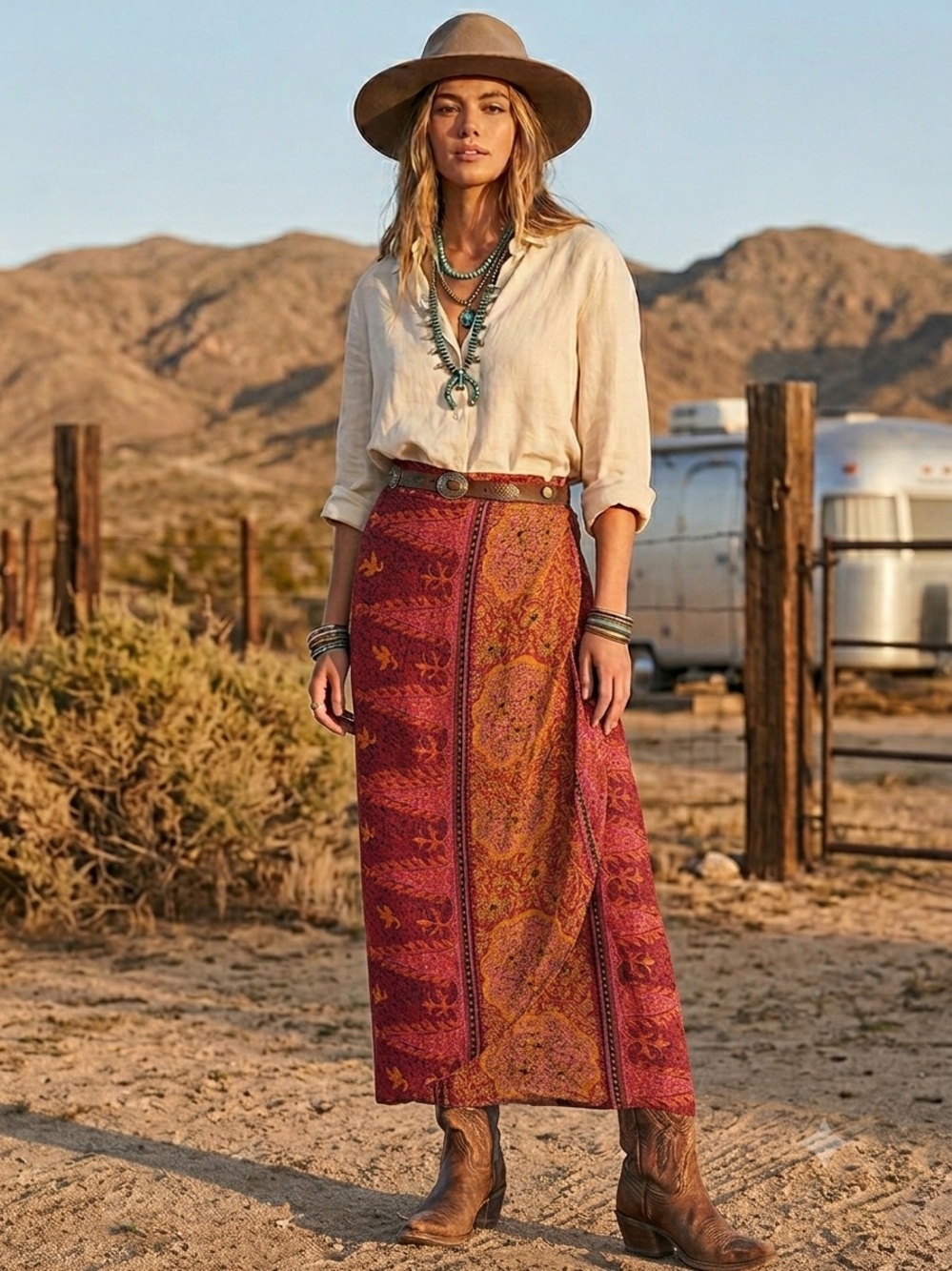 Vintage Carole Little Bohemian Ornate Red Western Wrap Maxi Skirt SZ 10